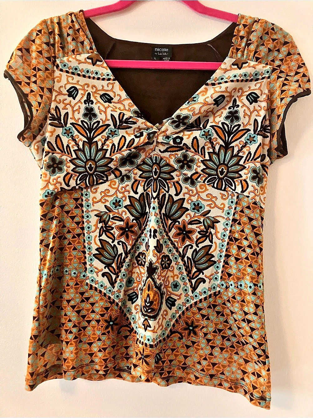 Nicole Miller size large Printed Short Sleeve Blouse